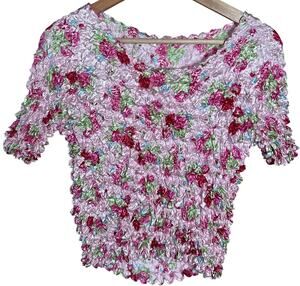 F C Purple Floral Popcorn Bubble Shirt One Size Crinkle Stretch